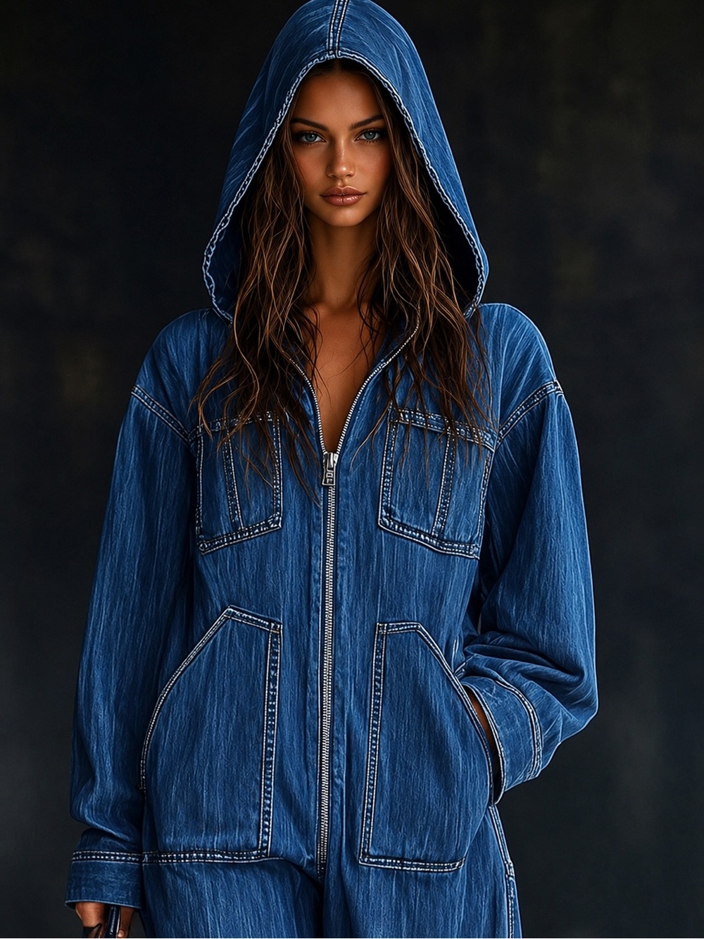 Denim Hooded Zip-Front Jumpsuit in Deep Blue - Picture 3 of 3